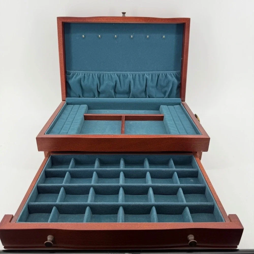 Eureka Jewelry Box Women OS 24-Slot Drawer Wood Mahogany Teal 1997 USA Made
